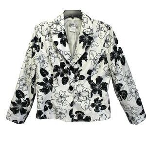Allyson Cara Womens Blazer 12 Floral Jacket Lined Long Sleeve Career White Black
